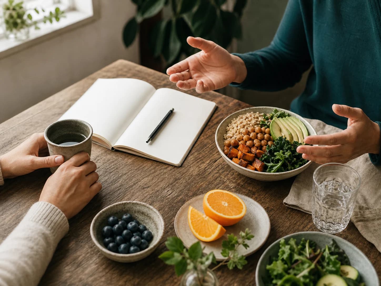 A nutrition counseling conversation beside a notebook and balanced food